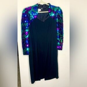 Vintage 80’s 90’s Sequin Long Sleeve Formal Midi Cocktail NYE Party Dress Sz 12